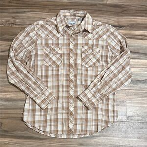 Wrangler Wrancher Womens Western Pearl Snap Shirt Brown Plaid Size Large Rodeo